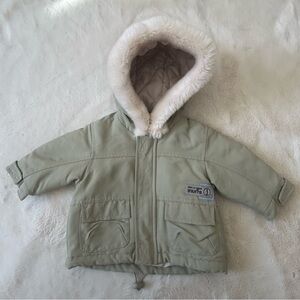 Jacadi Olive Green Jacket Faux Fur Trim Hood